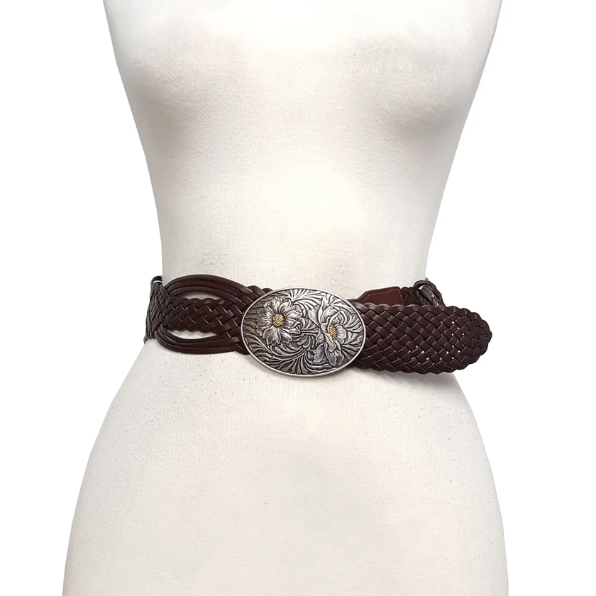 Hand Braided Leather Belt W Western Sunflower Buckle brown  