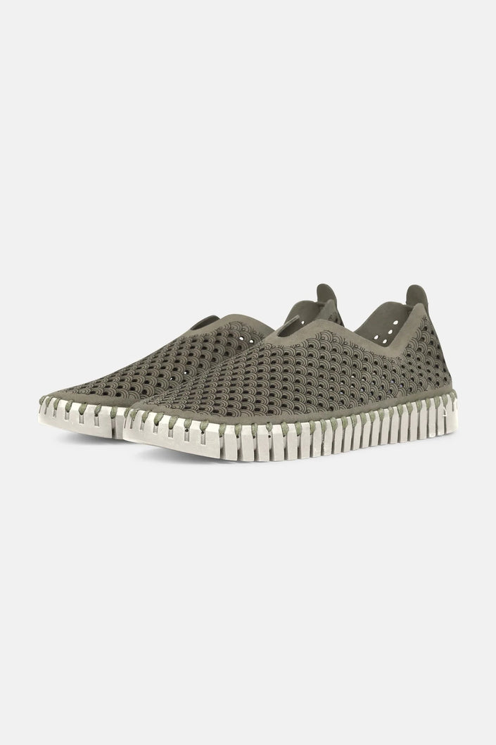A pair of Army Ilse Jacobsen Tulip139 shoes with a laser cut pattern on the upper and a white sole.