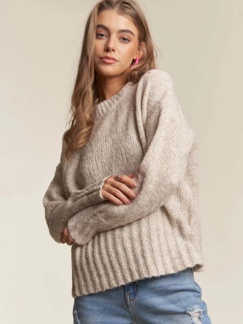 Heathered Crew Neck Knit Sweater, oatmeal-front