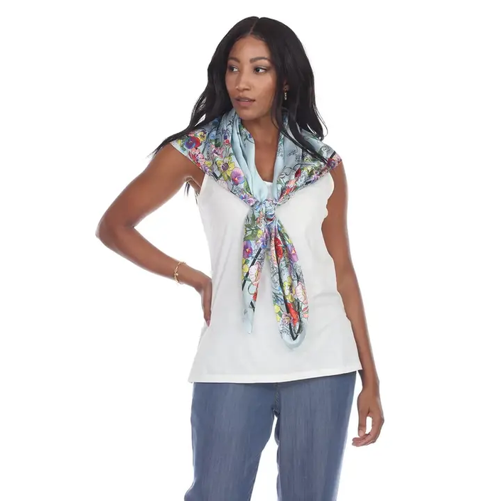 Silk Washed Satin Floral Print Scarf Aqua