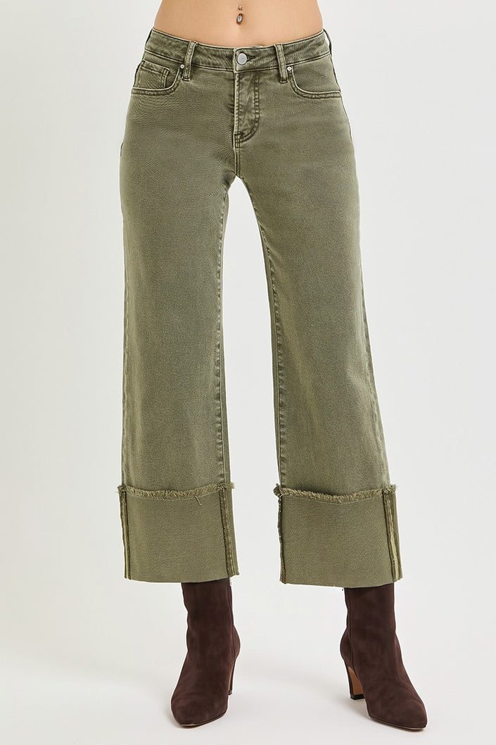 Tummy Control Mid Rise Crop Wide Leg Wide Cuffed Pants