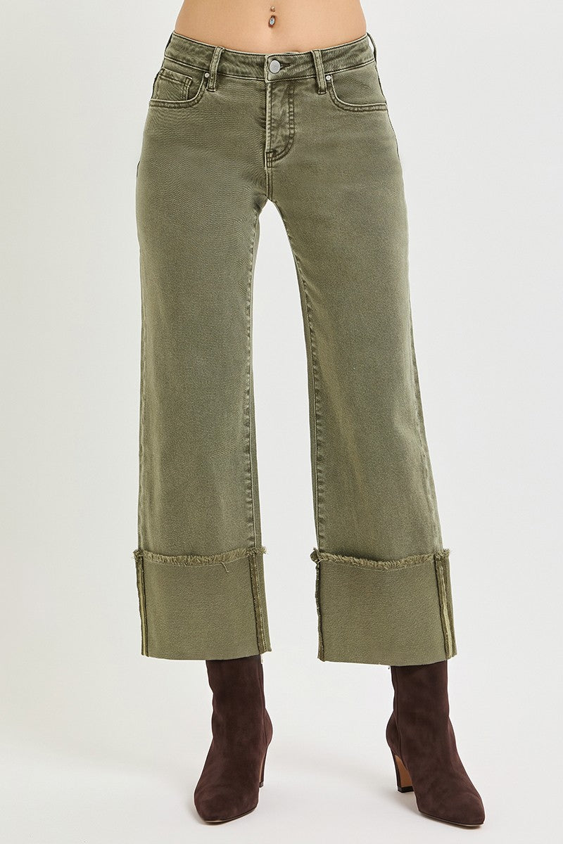 Tummy Control Mid Rise Crop Wide Leg Wide Cuffed Pants