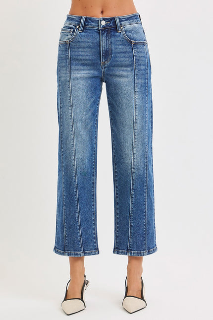 High Rise Crop Straight Jeans,dark-Front