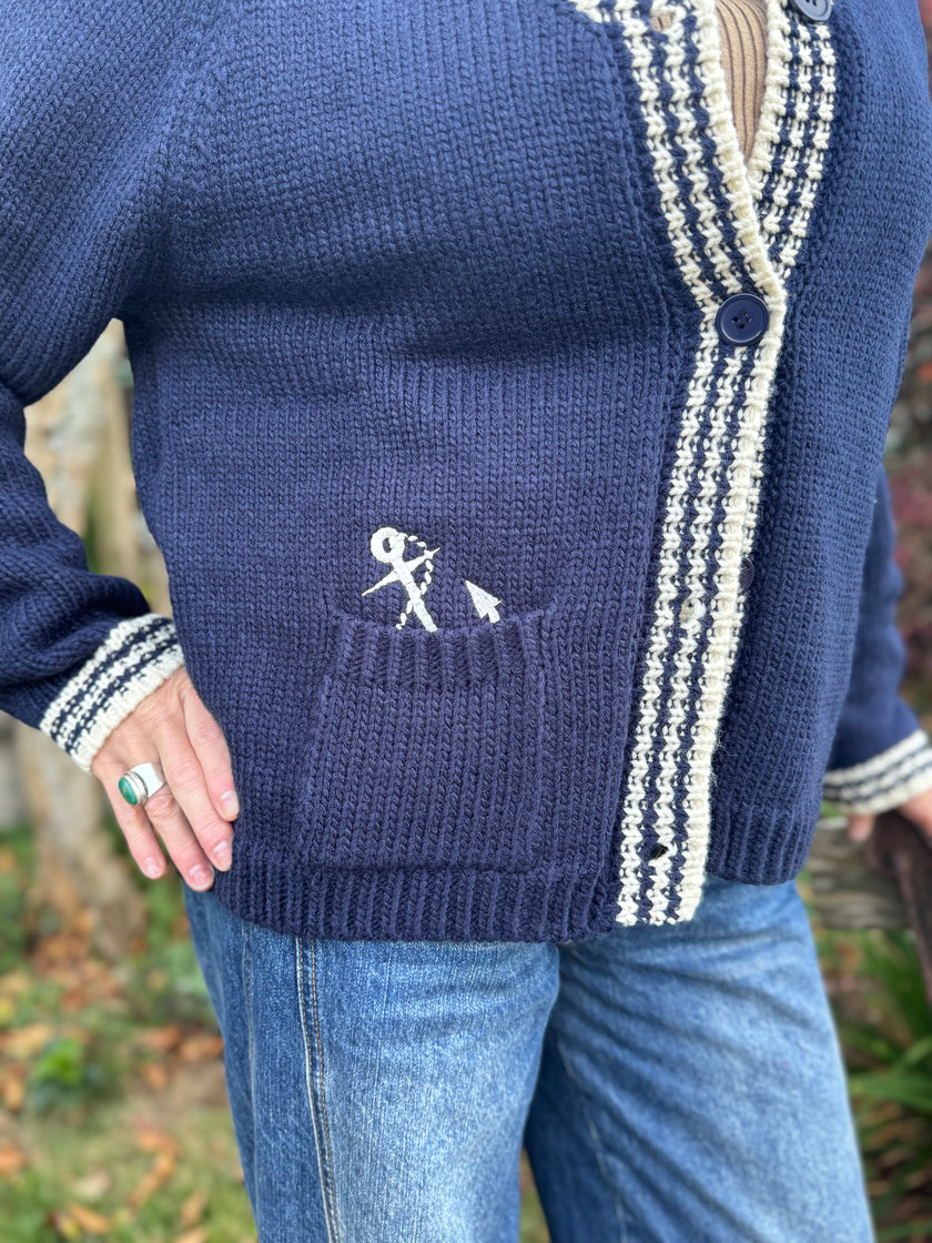 1983 Heseda Head Cardigan, navy/red/white-pocket detail