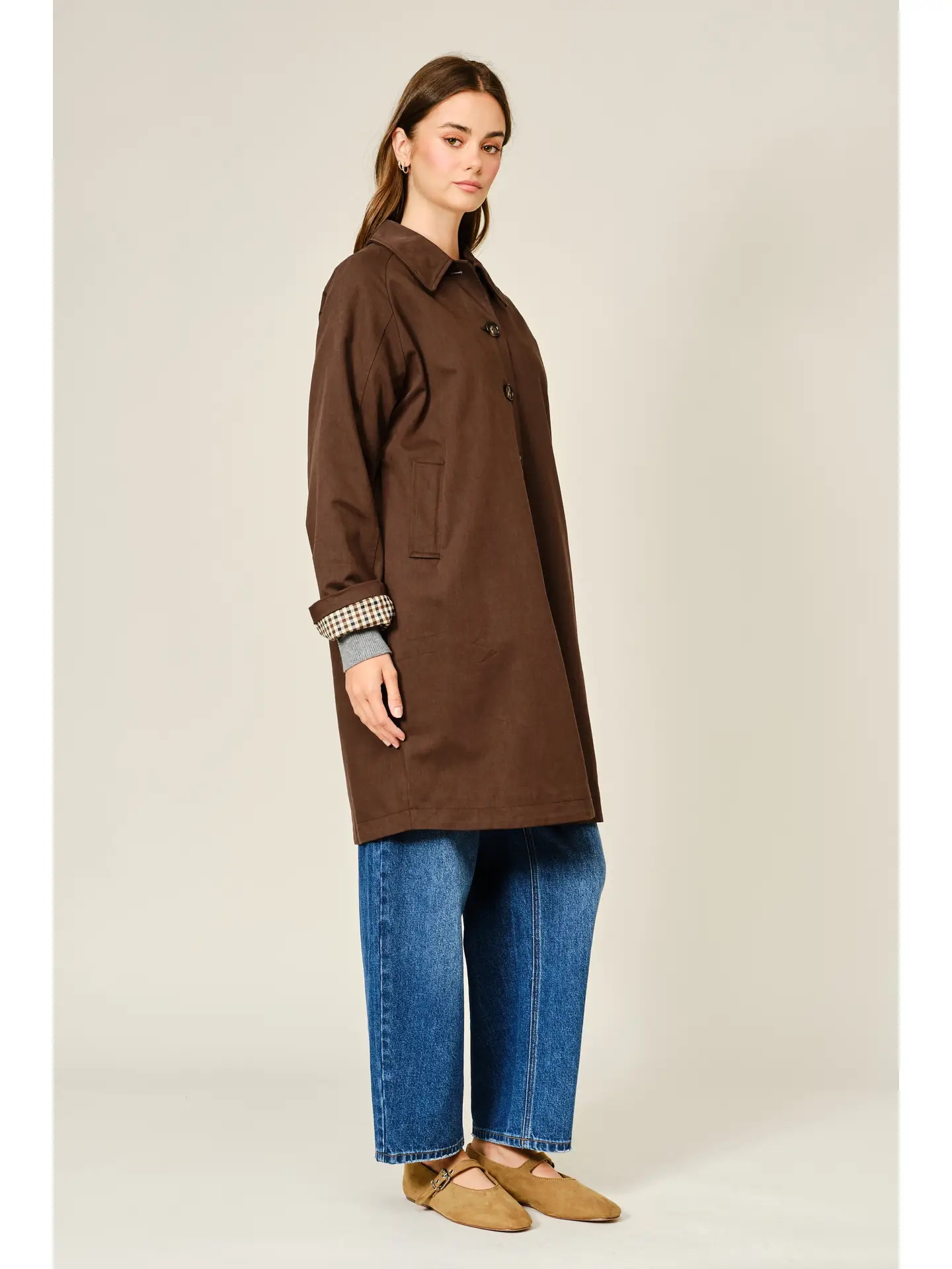 Checked Inside Midi Trench Coat
