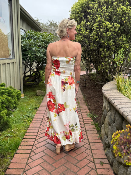 Sandra Watercolor Floral Ruched Maxi, red white-back