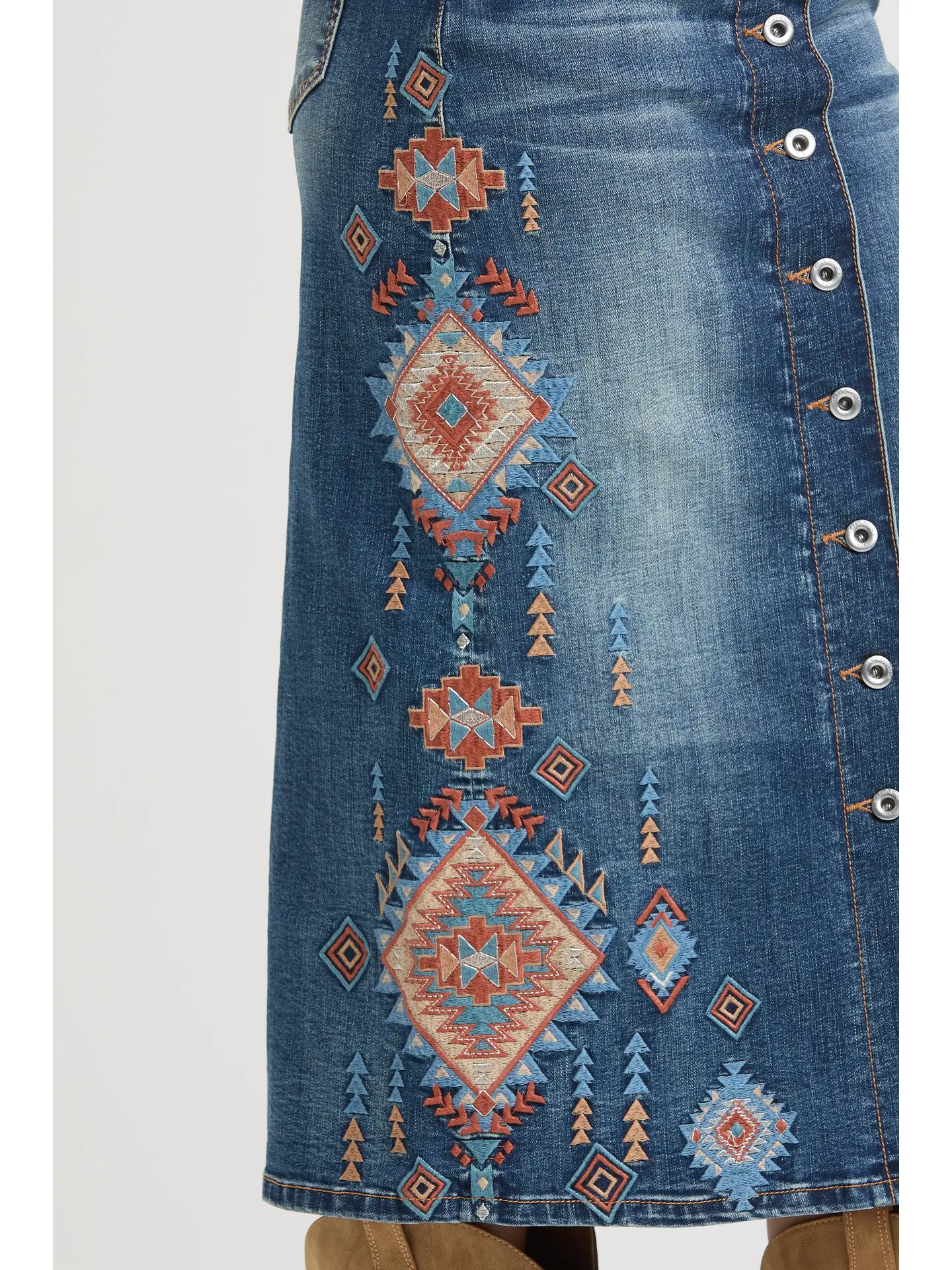 Aztec Embroidery Md Blue Long Skirt embroidery close up