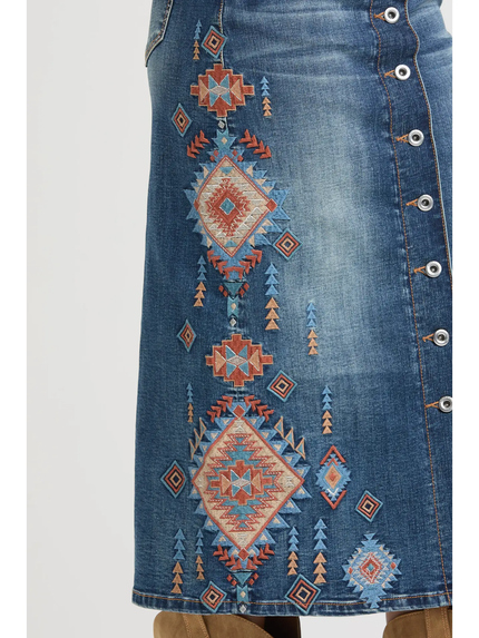 Aztec Embroidery Md Blue Long Skirt embroidery close up
