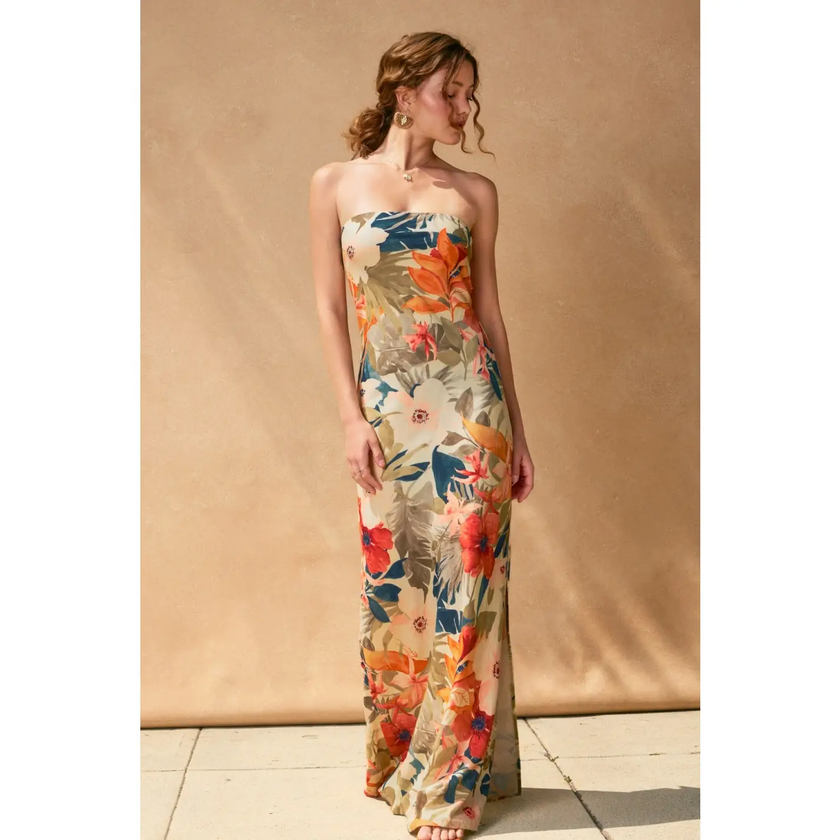 Countryside Bird Strapless Tie Back Maxi Dress front