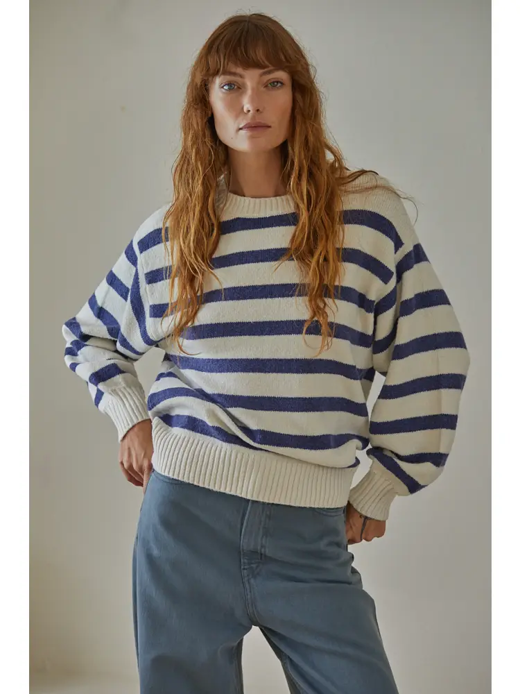 Womens Striped Sweater ivory blue front