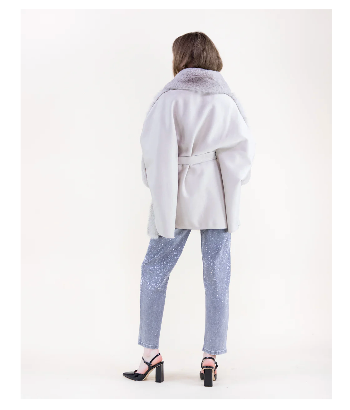 Wide Vegan Fur Collar Herringbone Suede Belted Cape back