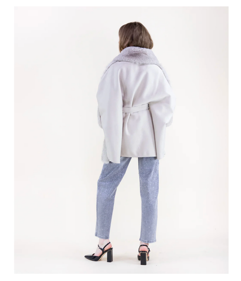 Wide Vegan Fur Collar Herringbone Suede Belted Cape back