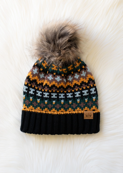 Black & Multicolored Patterned Pom Hat