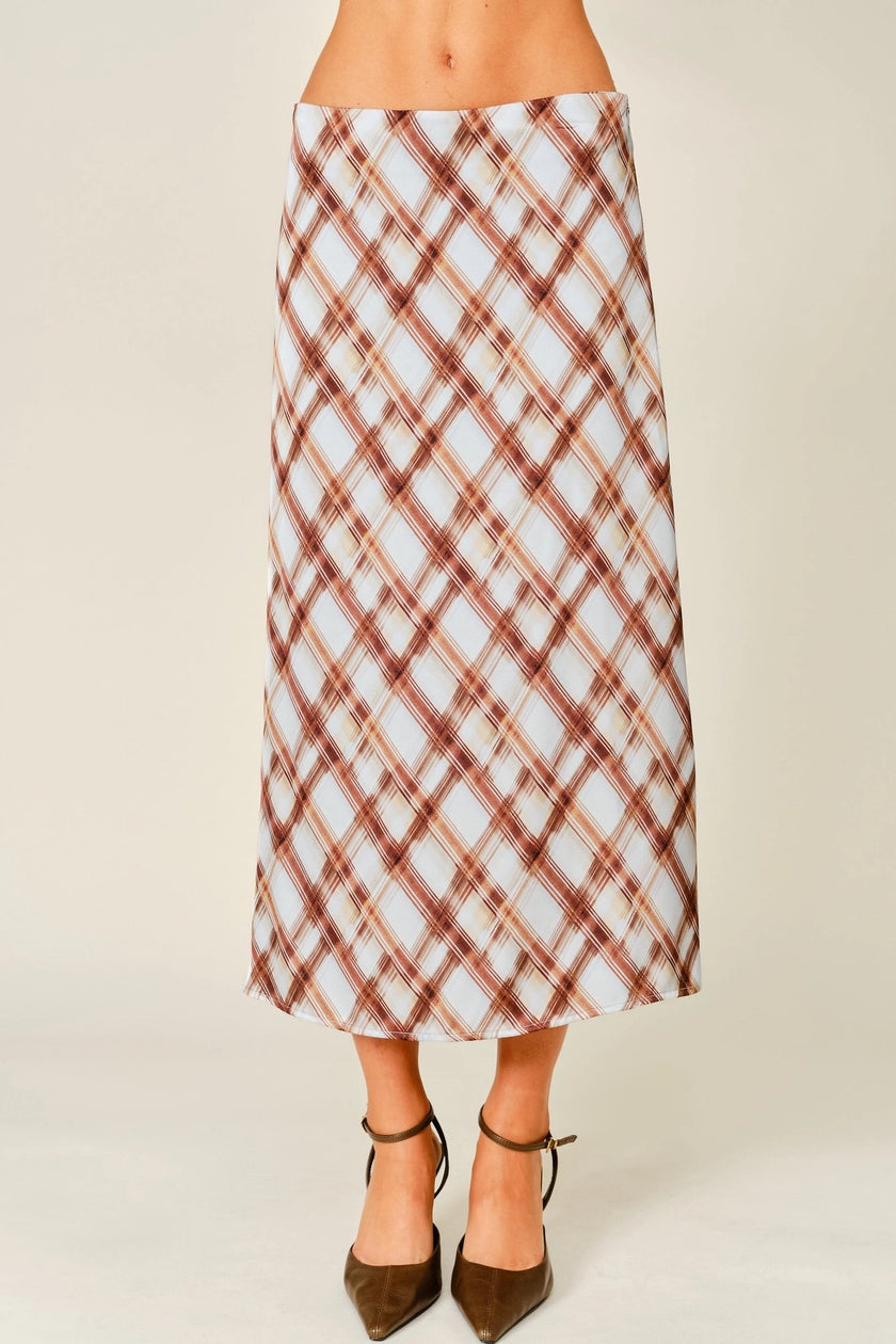 Norma Plaid Midi Skirt, blue/brown-front