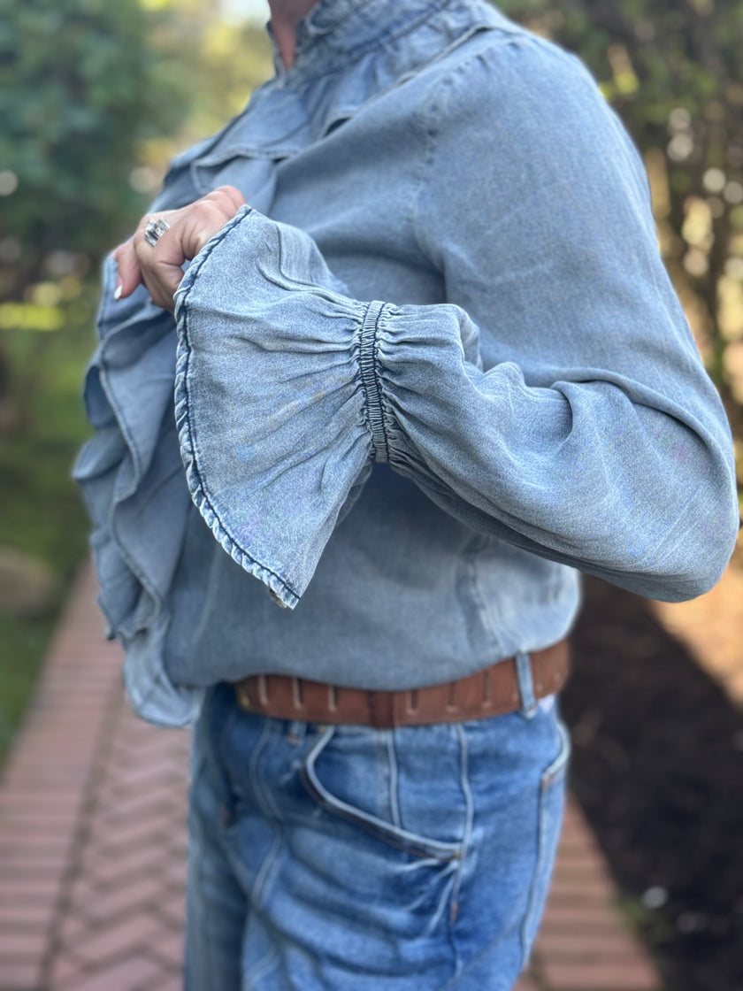 Amanda Denim Ruffled Button Down Top denim sleeve close up