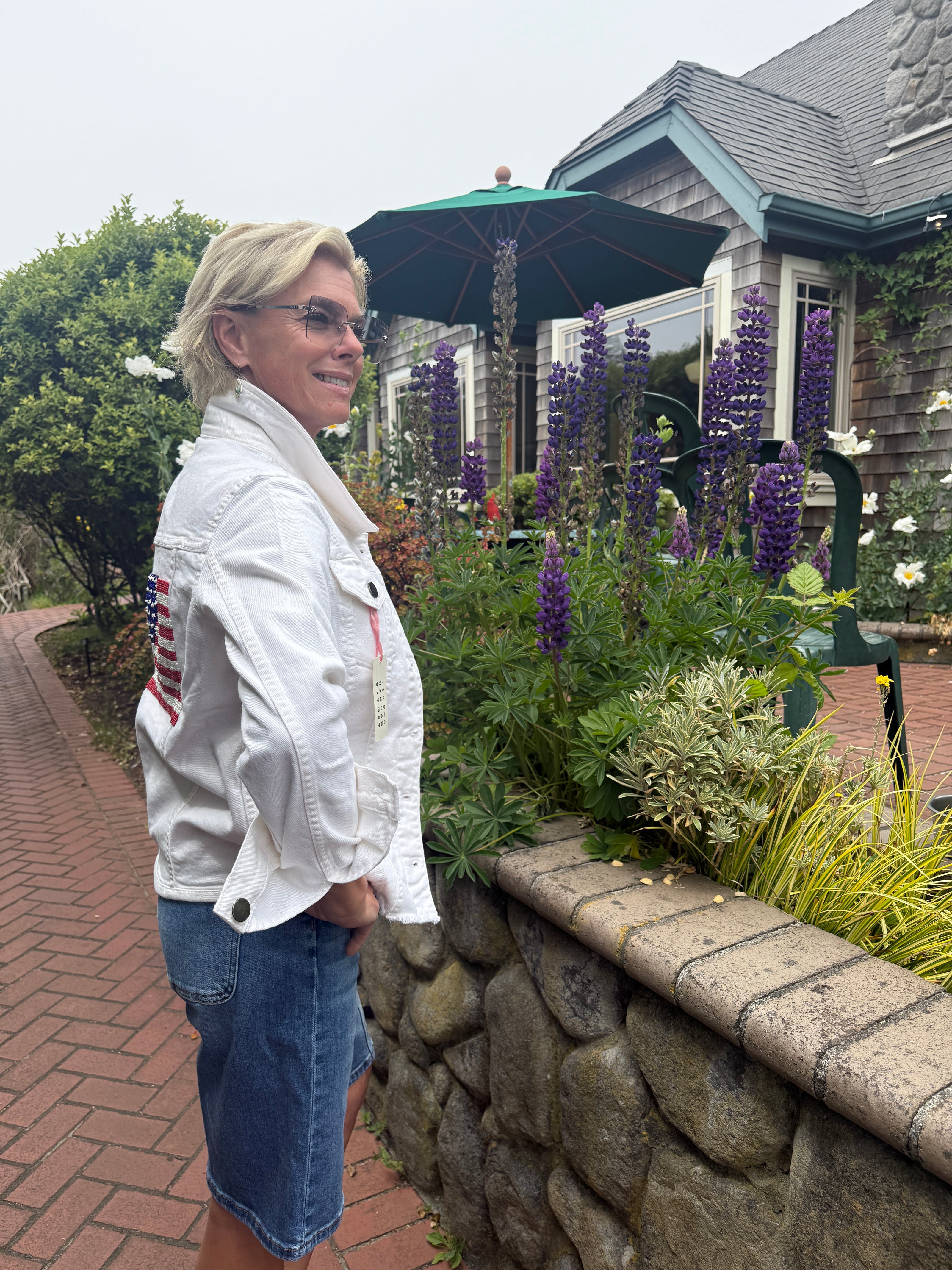 White Denim Beaded Flag Jacket
