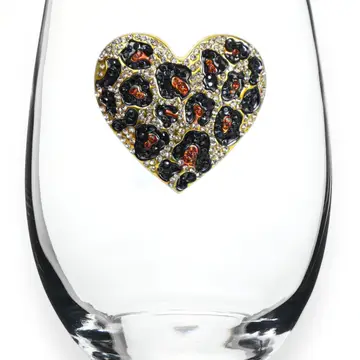 Leopard Heart Jeweled Stemless Wine Glass