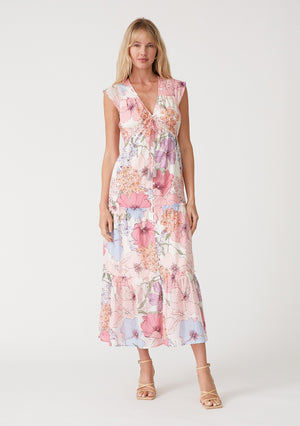 Floral Cap Sleeve Ruffle Tiered Maxi Dress