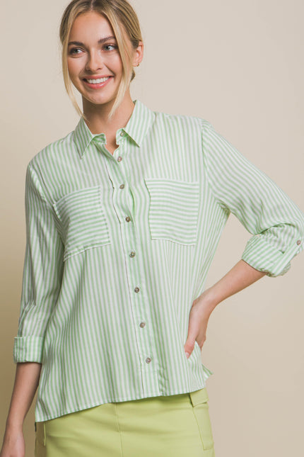 Jane Striped Roll Up LS Button Down Blouse lime