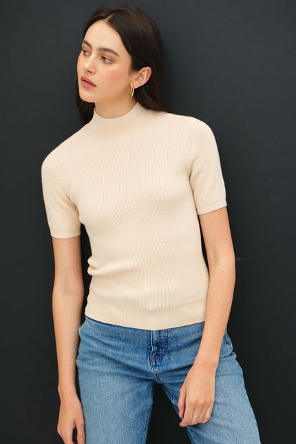 Shallan Fitted Short Sleeve Ribbed MockNeck Sweater vanilla