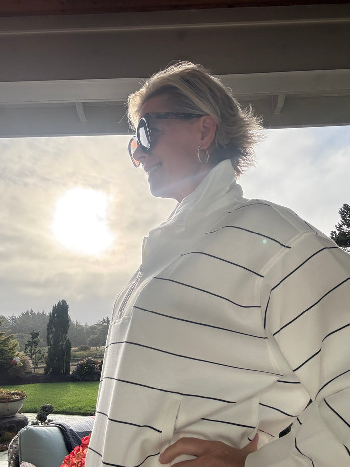 Modal Poly Span Stripe Quarter Zip Mock Neck Pullover