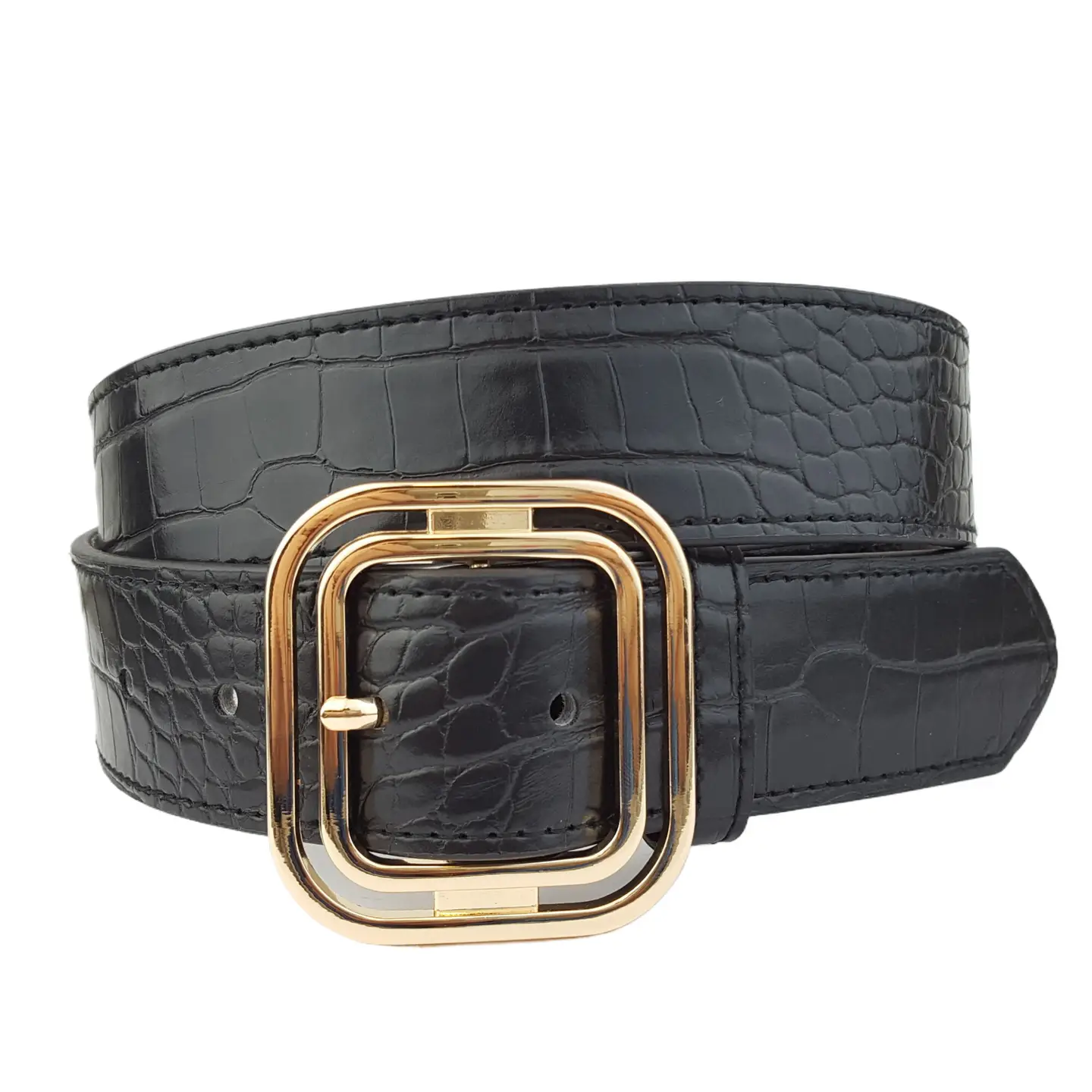 Alligator-Print Gold Buckle Belt