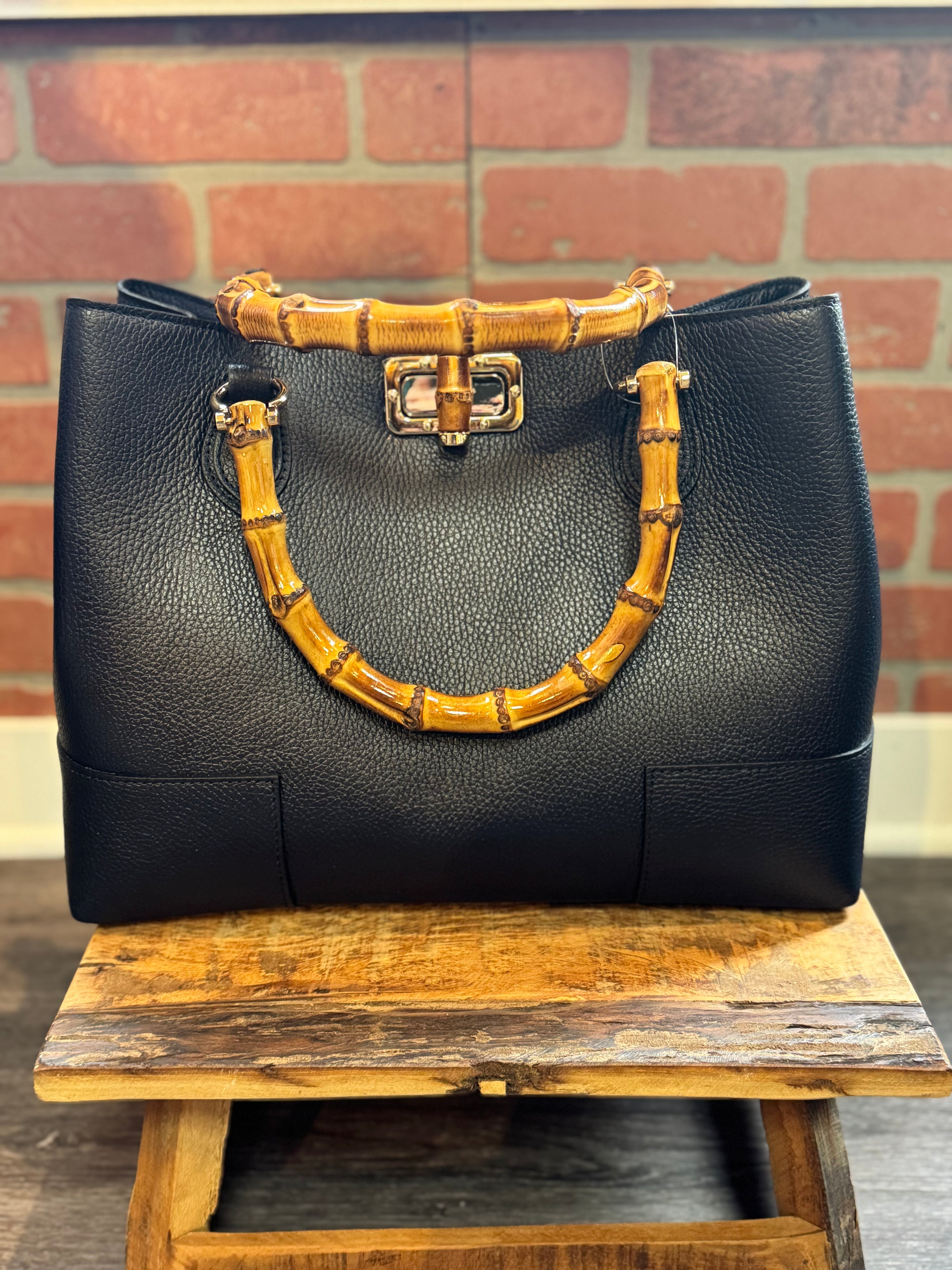 Women's Bag in Genuine Leather with Real Bamboo Hand | Blue front