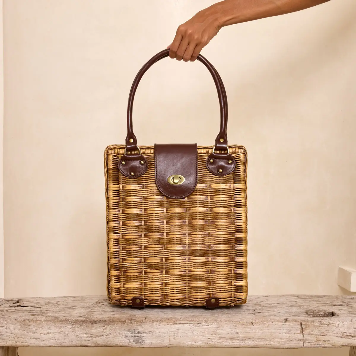 Large Dark Brown Rattan Handbag with Twist Closure front