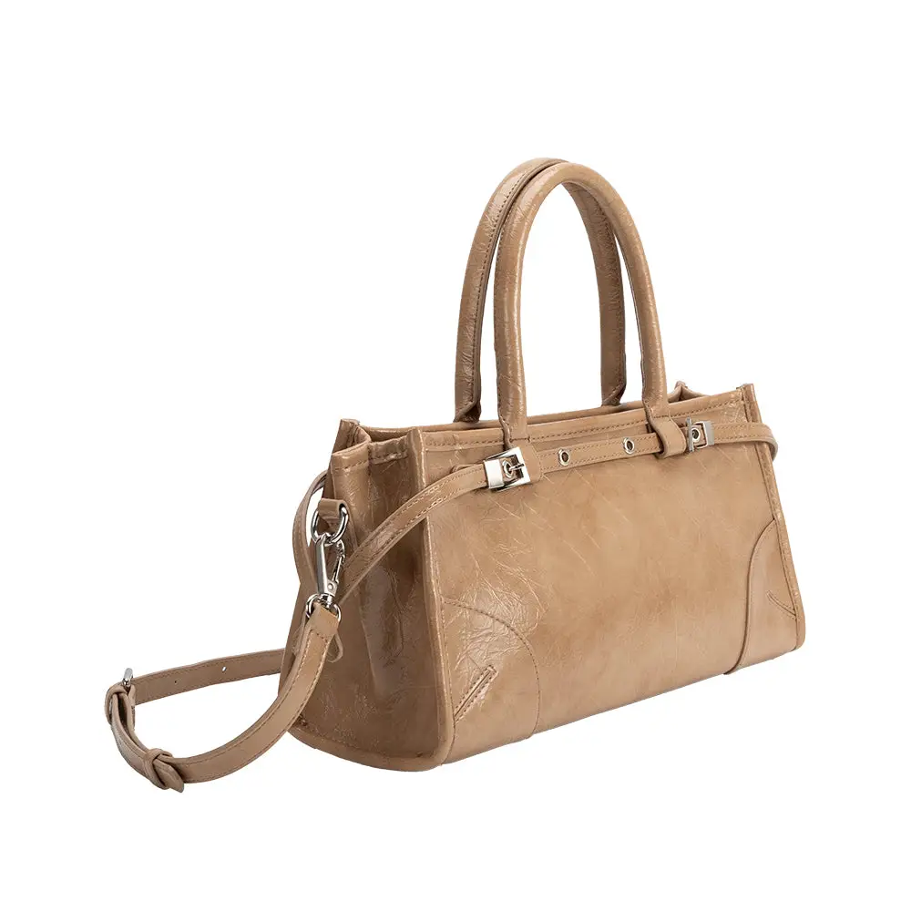 Rhonda Recycled Vegan Top Leather Handle Bag, tan-front