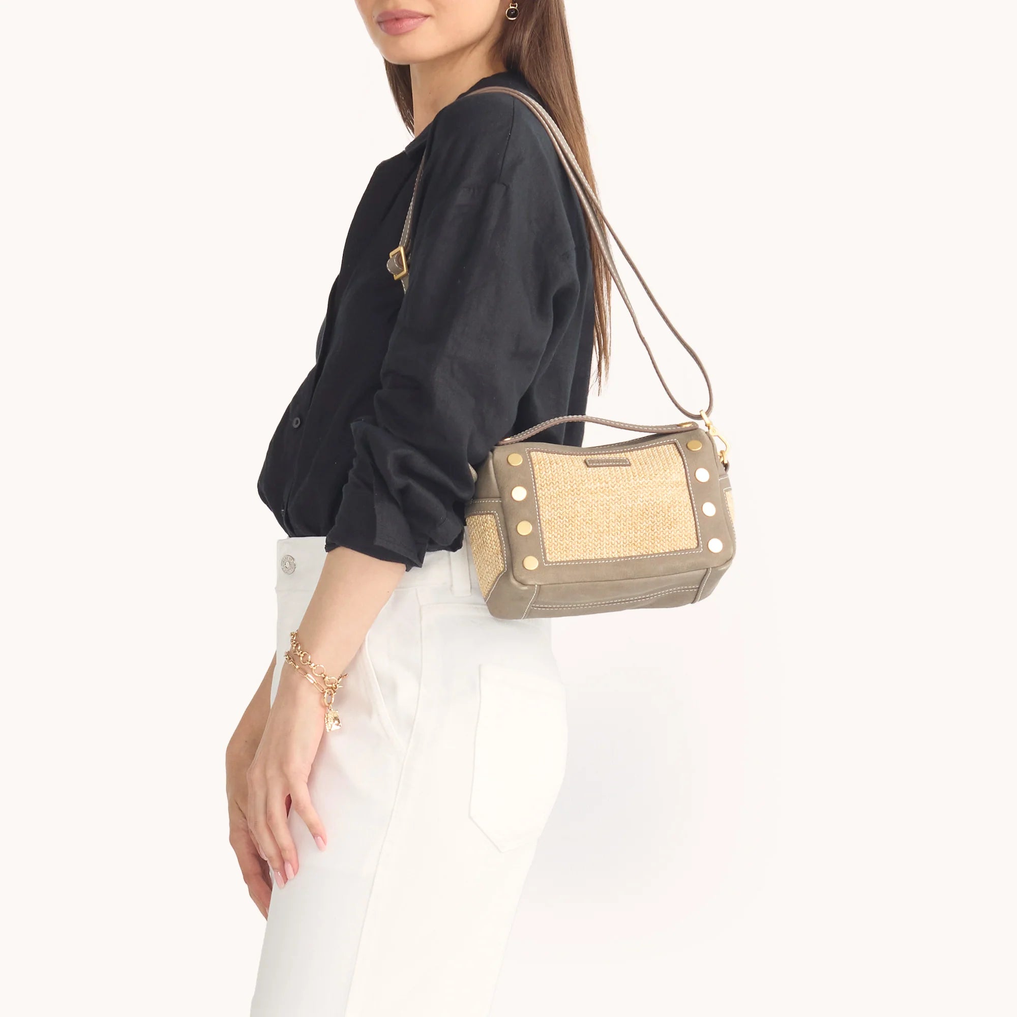 Evan Crossbody Sml-Pewter Raﬃa-BG