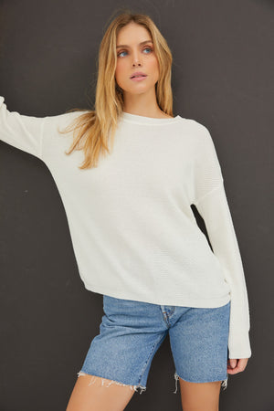 Serenity Classic Crew Drop Shoulder Ribbed Sweater Off White