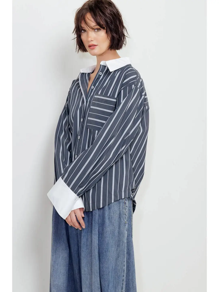 A striped woven top charcoal side
