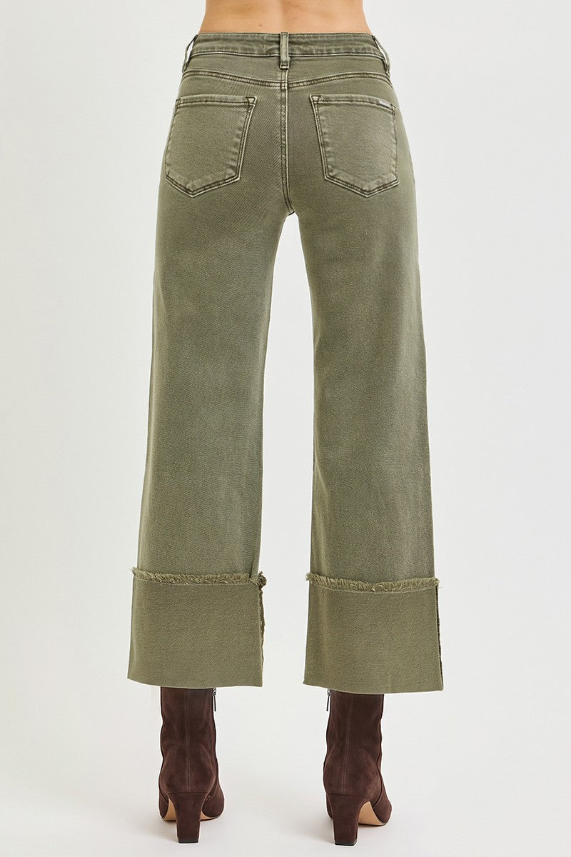 Tummy Control Mid Rise Crop Wide Leg Wide Cuffed Pants