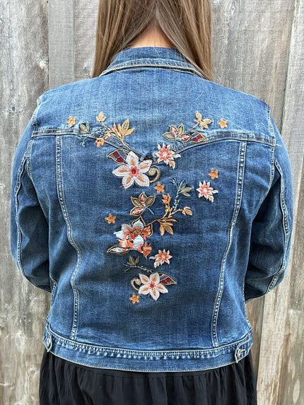 Autumn Floral Vine Embroidered Denim Jacket, medium wash-back