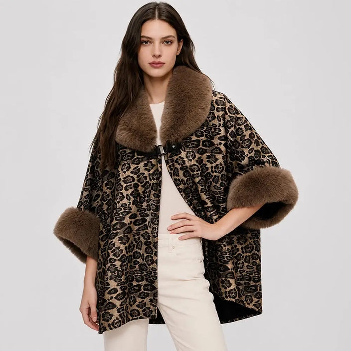 Madame Faux Fur Suede Leopard Print Cape-front