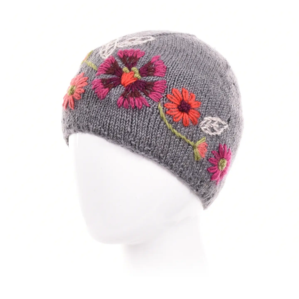 Stella Wool Beanie W EMB Flower | Grey