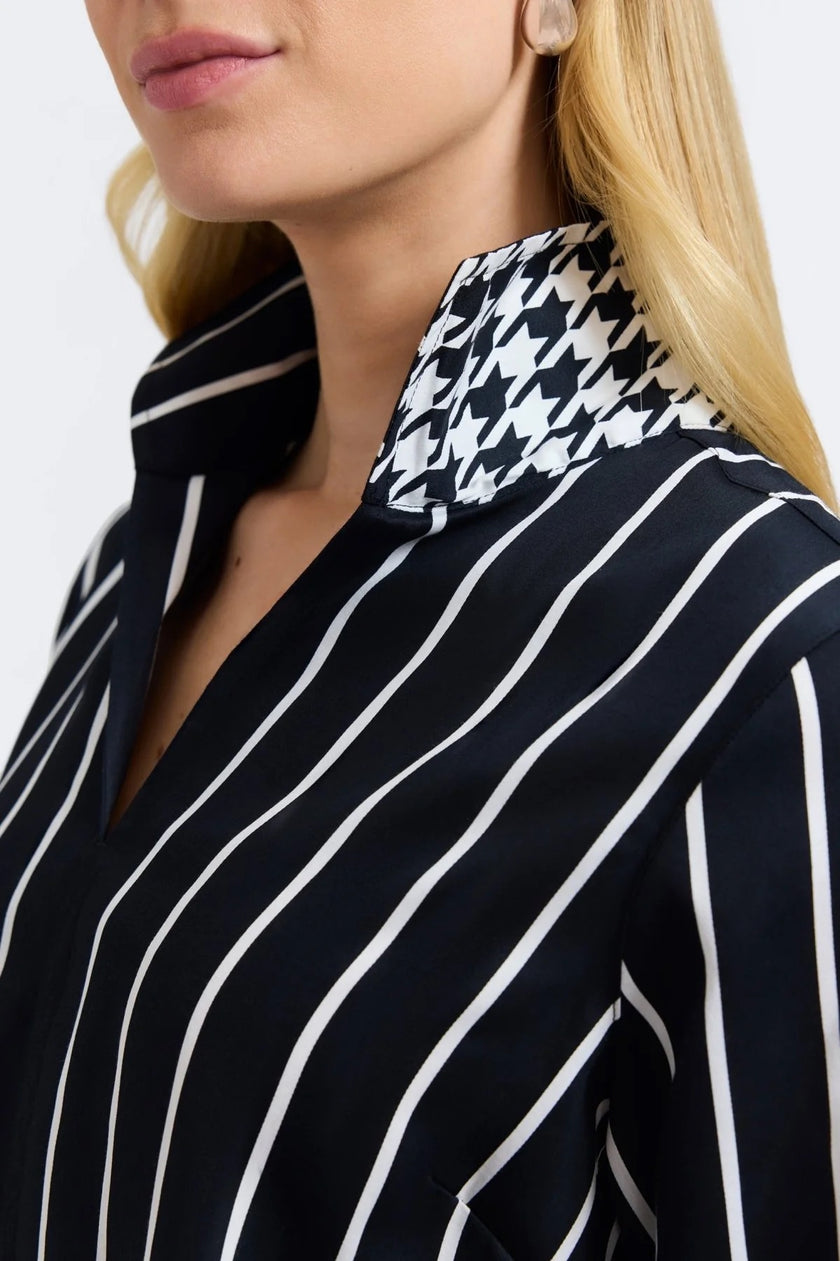 Agnes Stripe & Houndstooth Long Sleeve Popover Shirt collar close up black white
