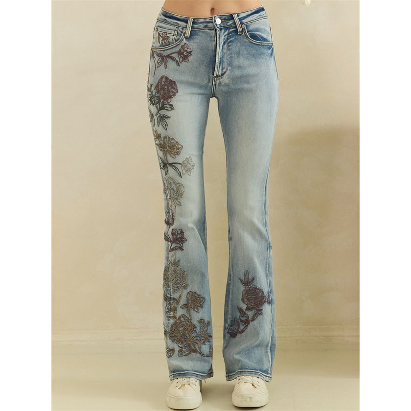 Fall Breeze Floral Embroidered Denim Jeans