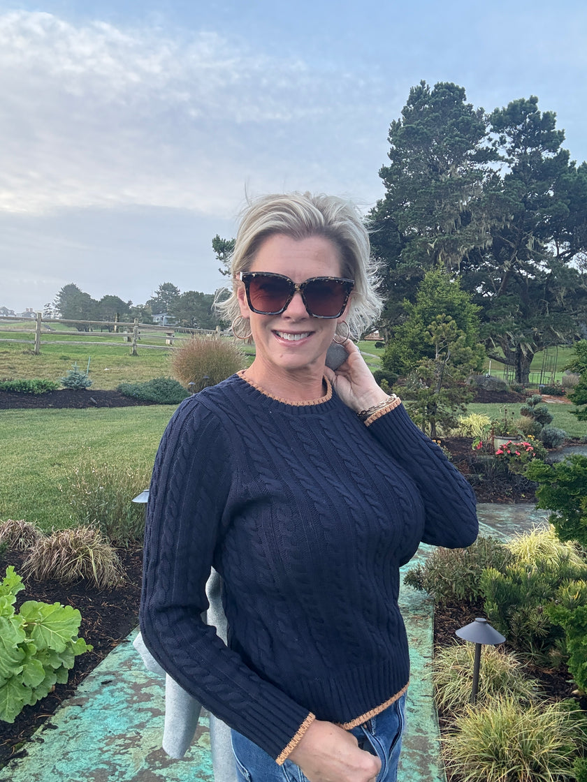 Contrast Trim Cable Knit Sweater navy brown front/side
