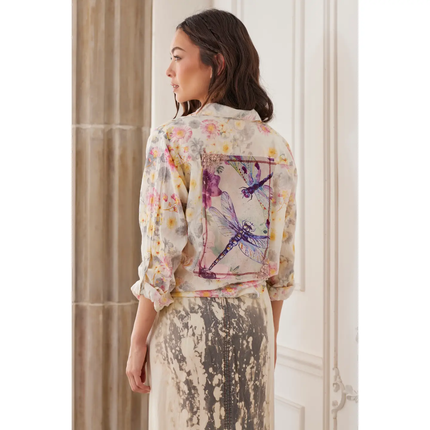 FLORAL PRINT VOILE SHIRT WI DRAGONFLY BACKPATCH