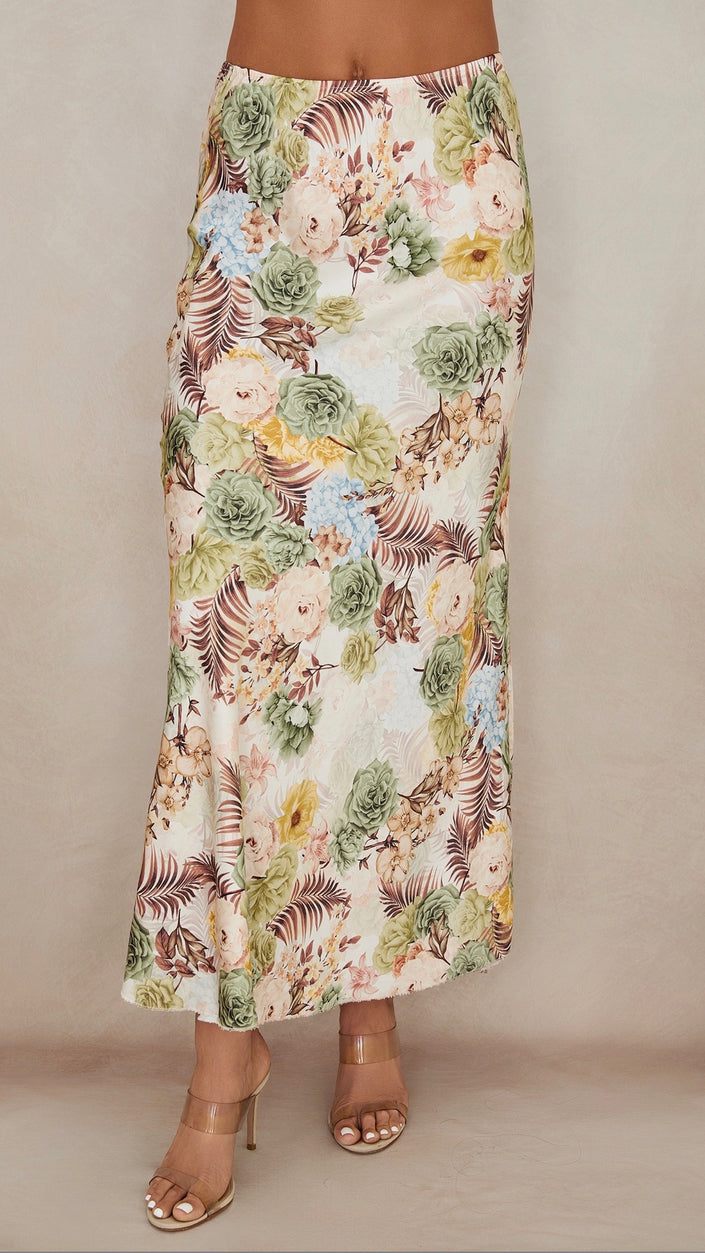 All Over Print Silky Floral Maxi Skirt