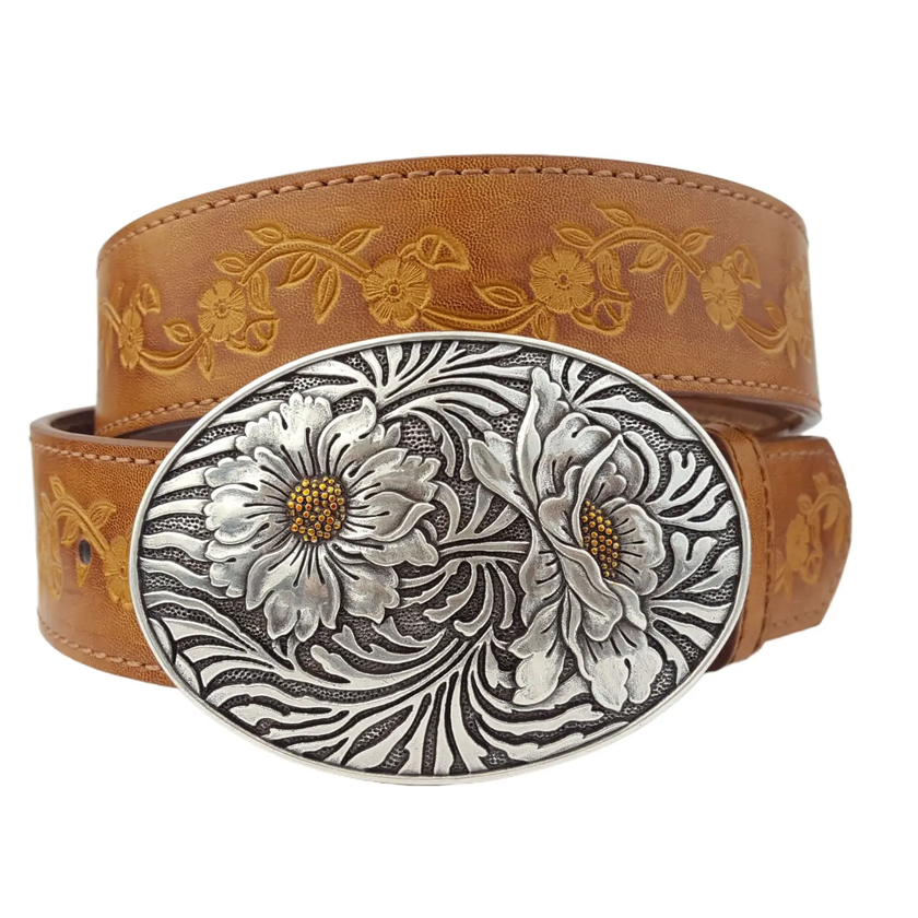 Popular Sunflower Buckle with Vintage Floral Tooled Belt tan close up
