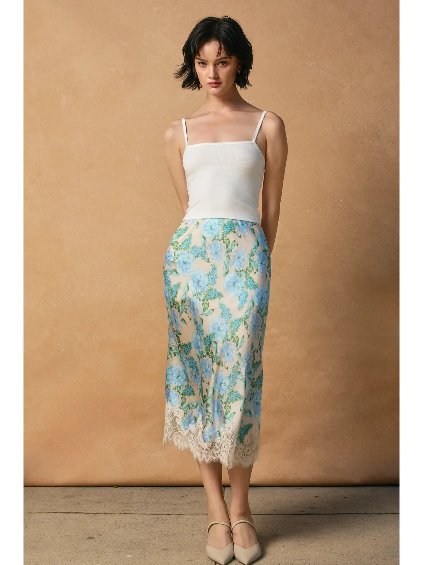 Stolen Love Lace Hem Pencil Skirt delicate blues front