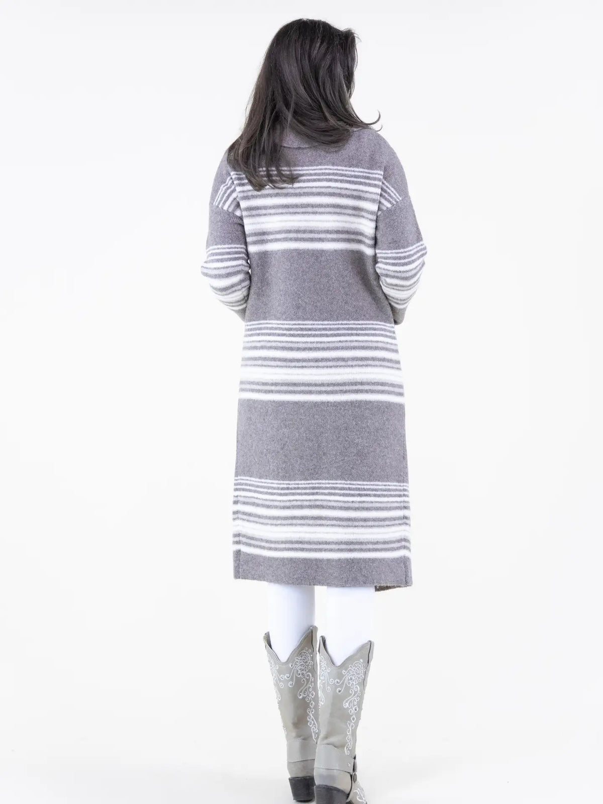 Horizontal Lines Shawl Collar Duster-Khaki