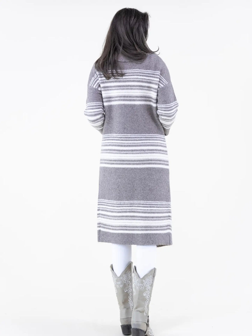 Horizontal Lines Shawl Collar Duster-Khaki