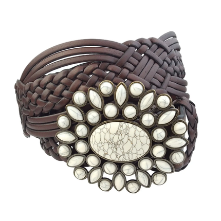 Hand Braided Leather Belt Turquoise Style Buckle brass