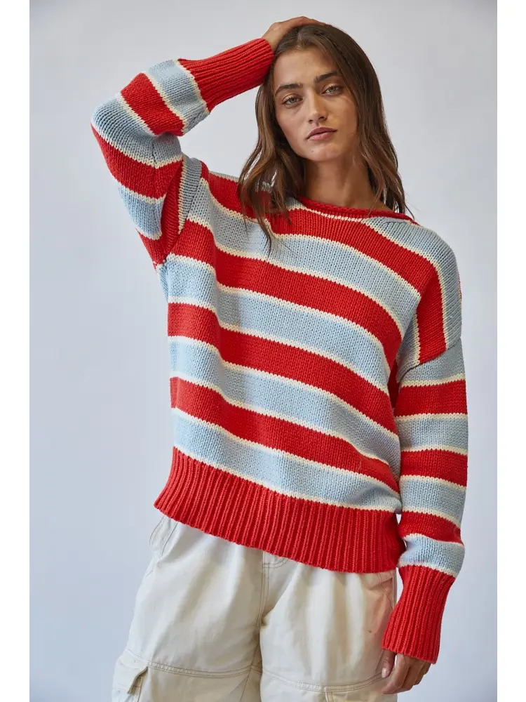 Frankie Contrast  Striped Roll Neck Sweater, red combo-front