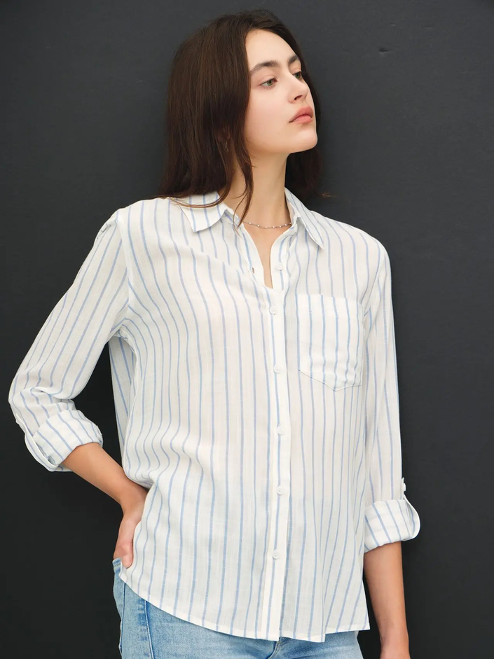 Sally Striped LS Button Up, chambray-front