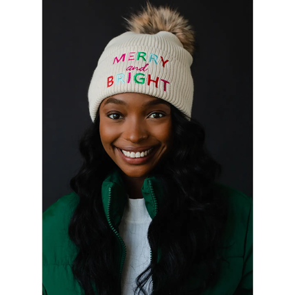 Beige Merry & Bright Knit Pom Hat