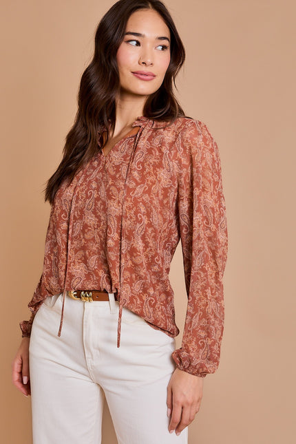 LONG SLEEVE DRAWSTING NECK SHIRRING FLORAL PRINT TOP